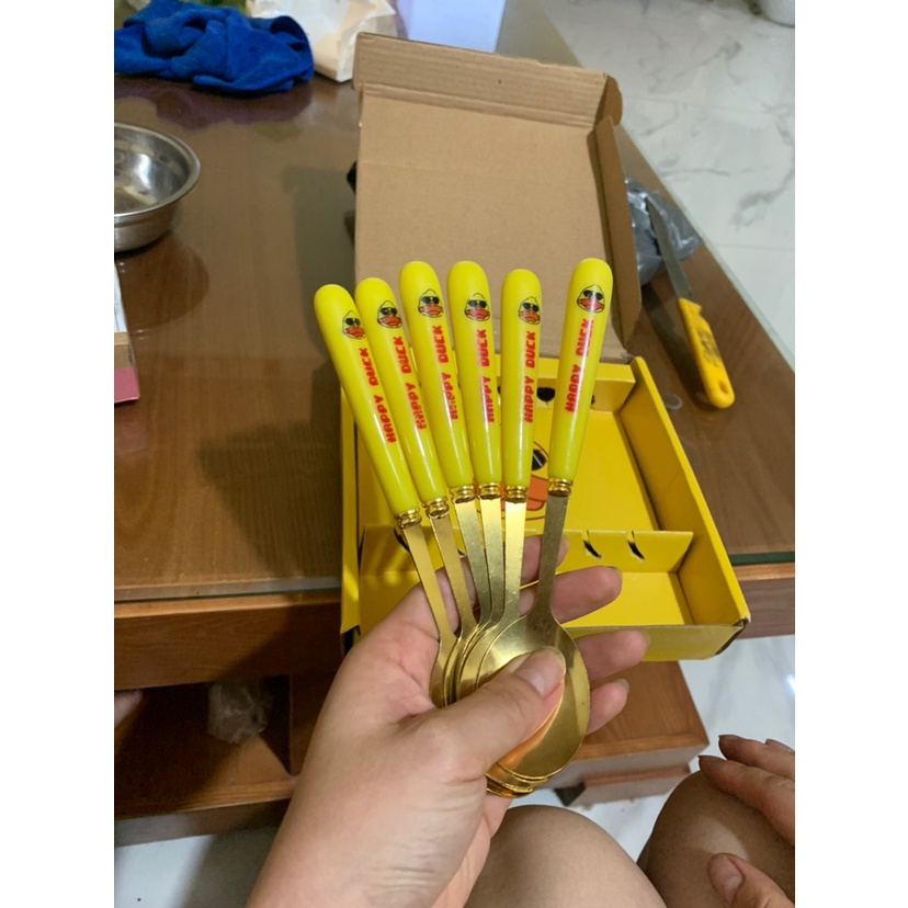 SET 6 THÌA inox mạ vàng Vịt vàng Duck cán dài muỗng ăn ngộ nghĩnh có hộp