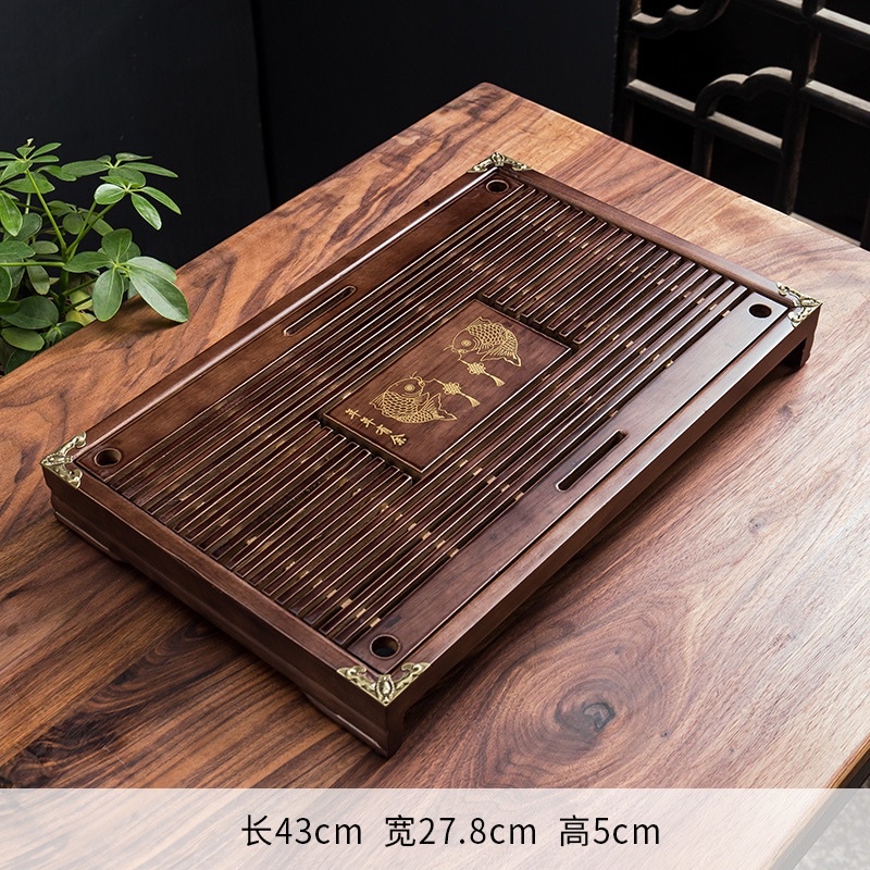 Khay đựng ấm chén trà nẹp đồng vân nổi 4 góc  43x28x5cm