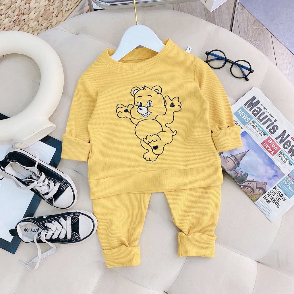 Bộ LEN COTTON TỔ ONG THÊU GẤU cho bé trai bé gái 8-22kg