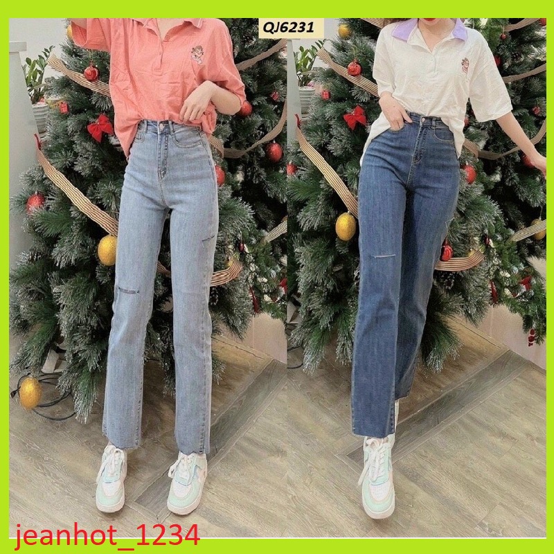 Quần bò jean ống đứng nữ co giãn 4 chiều loe suông rộng xuông jeans cạp cao Hottrend 2022
