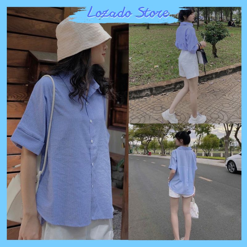 Bộ đồ nữ LOZADO set áo sơ mi ngắn tay kẻ caro phối cúc sau quần short trắng trẻ trung năng động - B98
