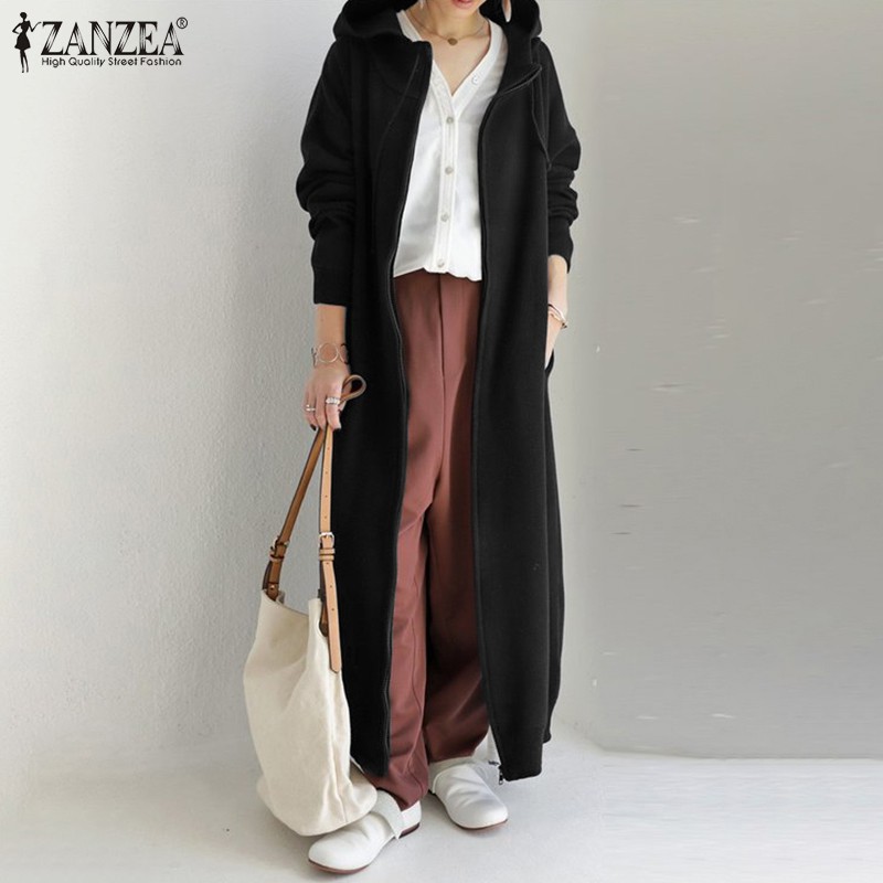 Đầm Hoodie ZANZEA  Dáng Dài Màu Trơn Phong Cách Vintage Cho Nữ