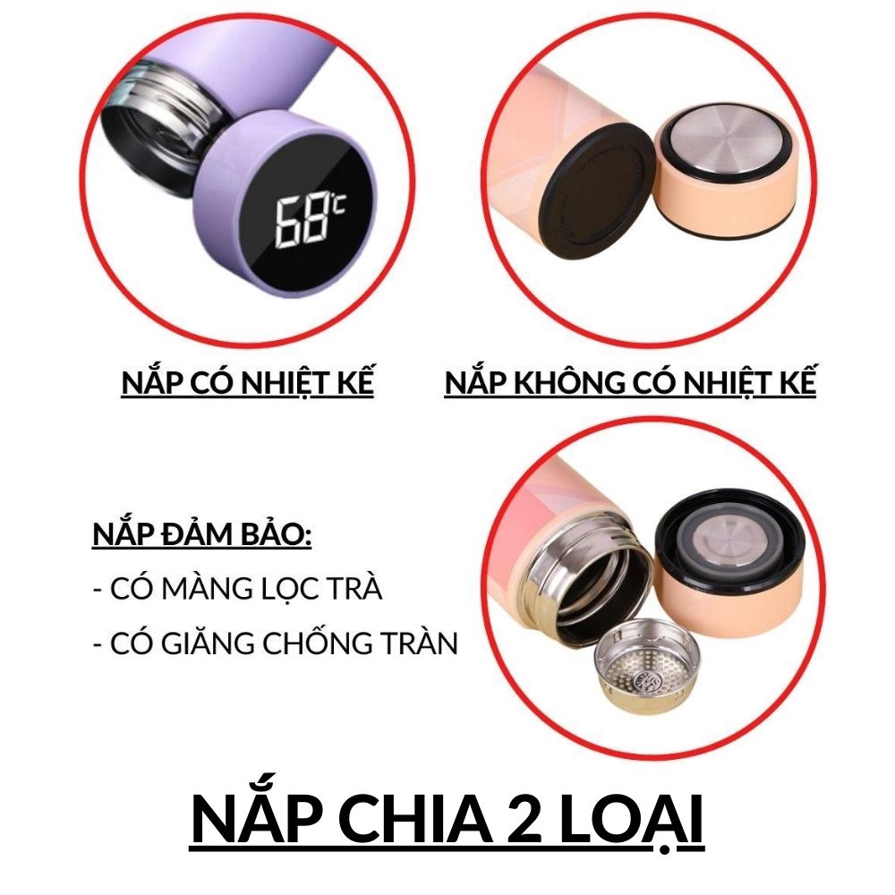 Bình giữ nhiệt nước nóng lạnh hiển thị nhiệt độ có màng lọc pha trà inox 3 lớp cao cấp cỡ 450ml mã 22014