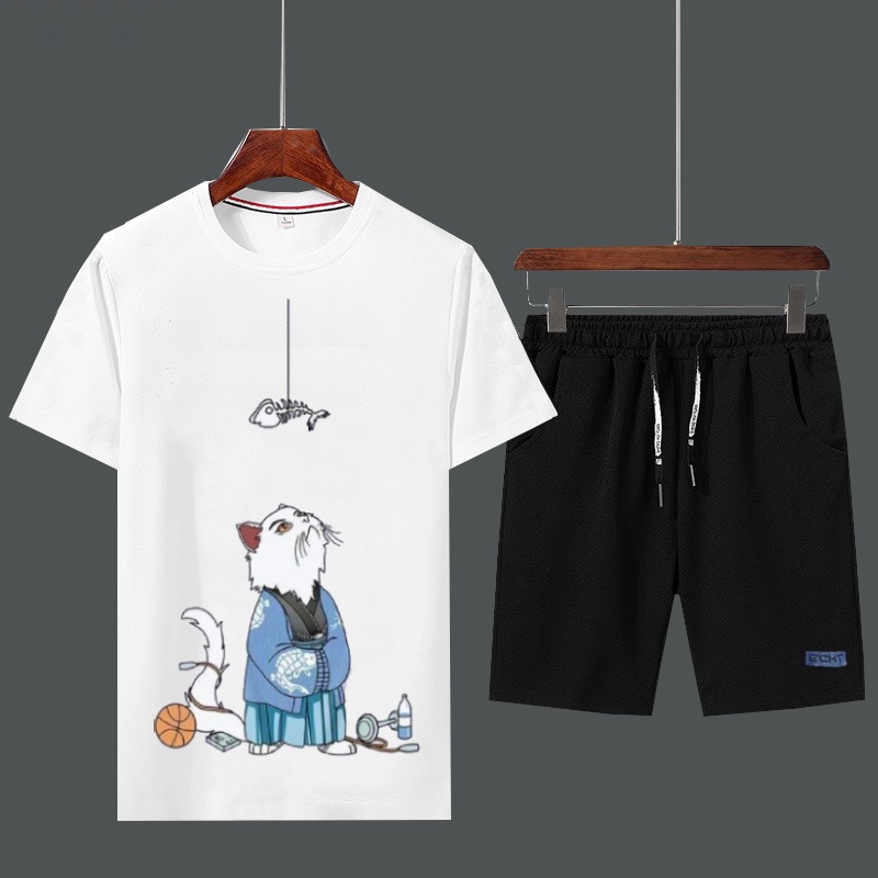 Set Bộ 2 Món Quần Shorts + Áo Thun Nam Chất Vải Thun CB2_MAT164TH_MSH002THDEF6 (Mèo Sư Phụ + Trơn Logo Xanh)