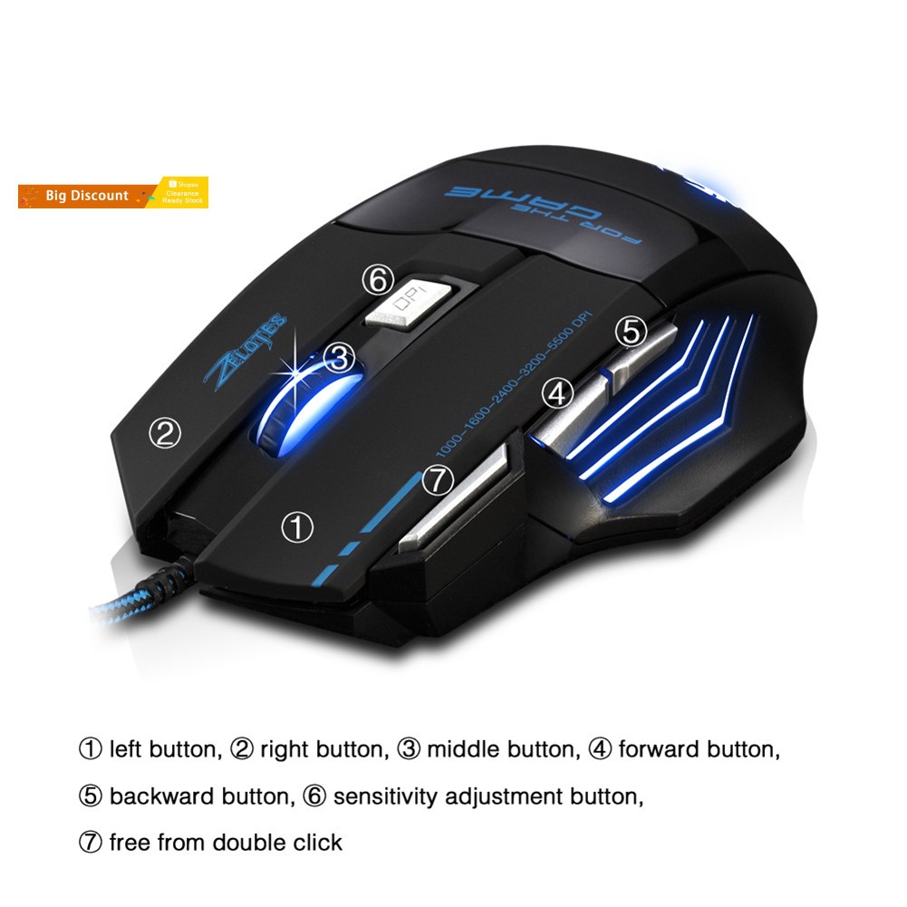 Chuột Chơi Game Có Dây Đèn Led 7 Phím 7200dpi T-80