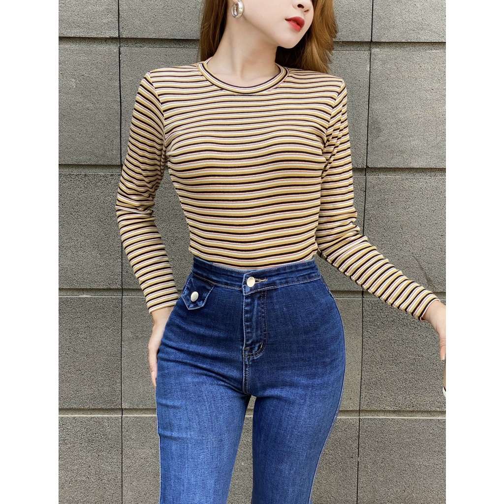 Áo thun tay dài nữ CRAZYTEEN cổ tròn họa tiết sọc AT0261
