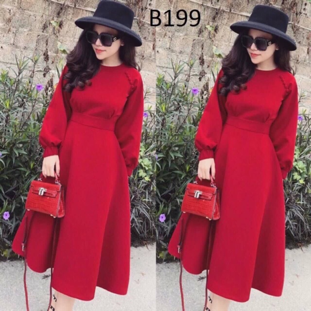 [SALE SOCK] VÁY ĐỎ BỌC KHUY CHIẾT EO hàng VNXK LOẠI 1