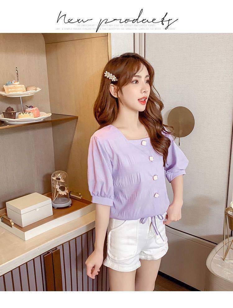 Áo sơ mi nữ BH tay ngắn phối dây xinh xắn thời trang 2021