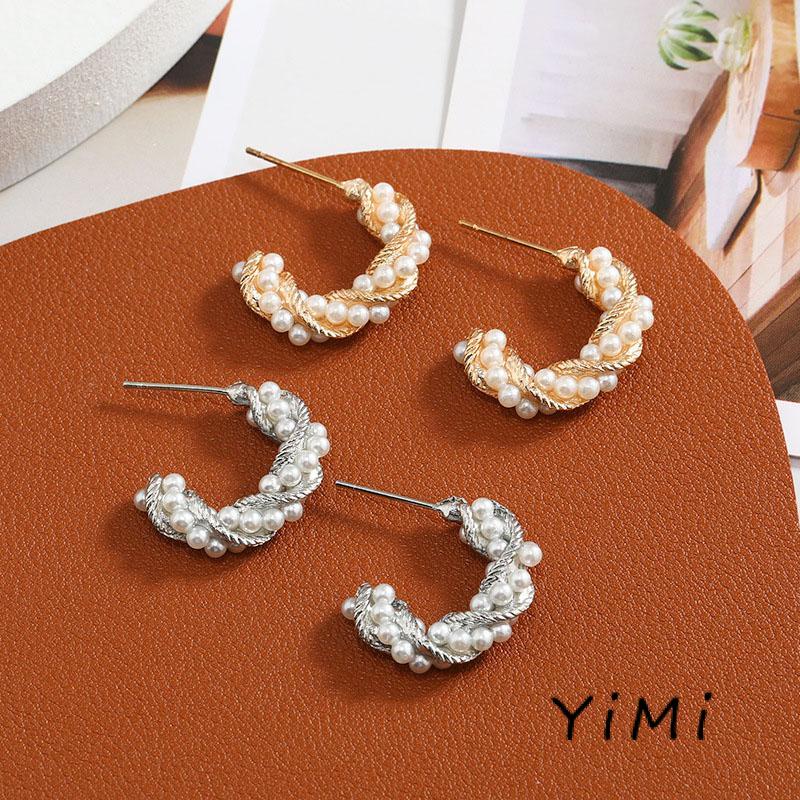 [mo] Bông Tai Ngọc Trai Xoắn Hình Chữ C Đơn Giản Cá Tính