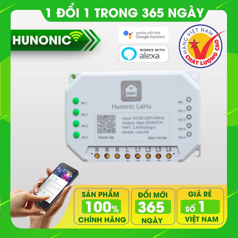 Công Tắc Điều Khiển Từ Xa Qua Điện Thoại Hunonic Lahu 4 kênh│Công tắc thông minh kết nối Wifi│ Hàng Việt Nam giá rẻ nhất