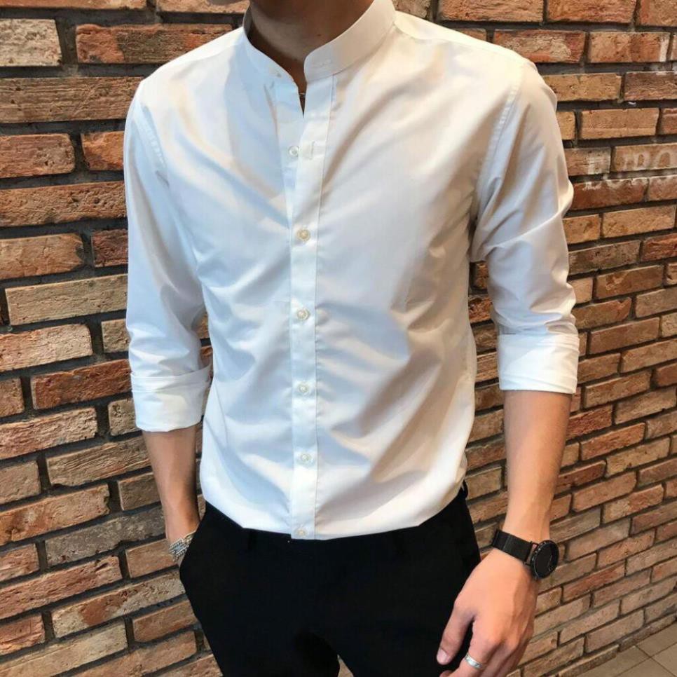 Áo sơ mi nam dài tay cổ tàu Trendyman vải lụa co giãn chống nhăn cao cấp | BigBuy360 - bigbuy360.vn