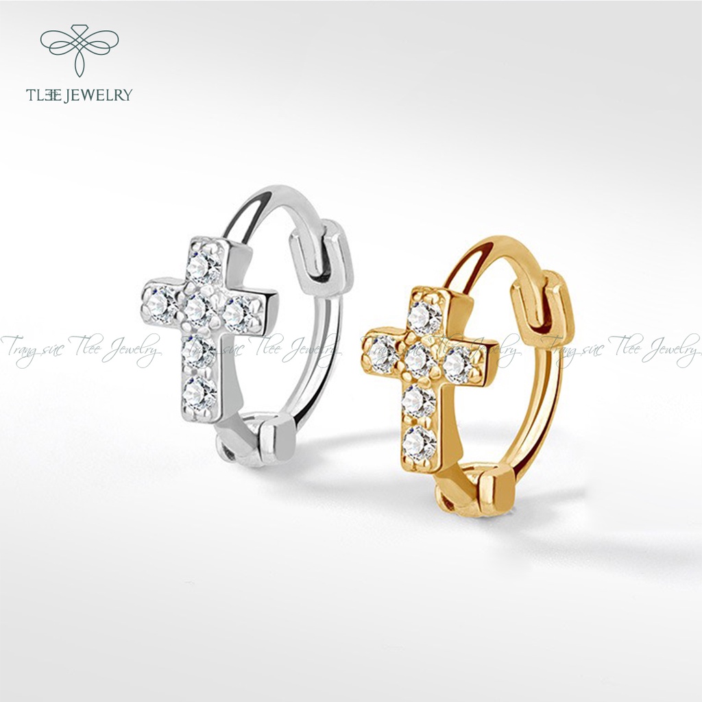Khuyên tai bạc unisex TLEE tròn thánh giá nạm đá mẫu đeo ngắn có chốt bấm NCJ B0141