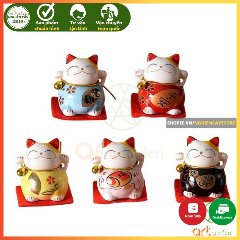 Phụ kiện bộ 5 mèo sứ chiêu tài, hút khách, trang trí tiểu cảnh, ô tô, bàn làm việc