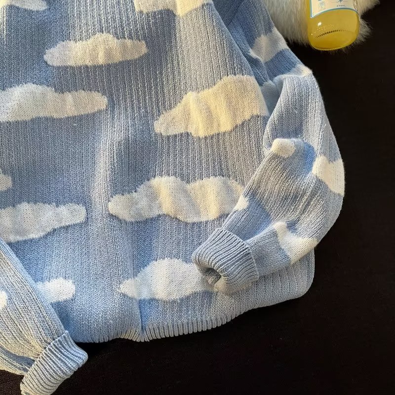 Áo Sweater Dệt Kim Dày Dặn Dáng Rộng In Hình Đám Mây Phong Cách Hàn Quốc Cho Nam Giới