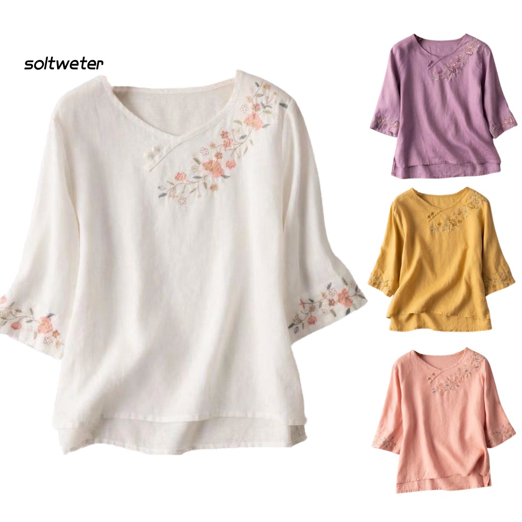 Áo Thun Cotton Lanh Tay 3 / 4 Xẻ Tà Thêu Họa Tiết Hoa Phong Cách Vintage Cho Nữ