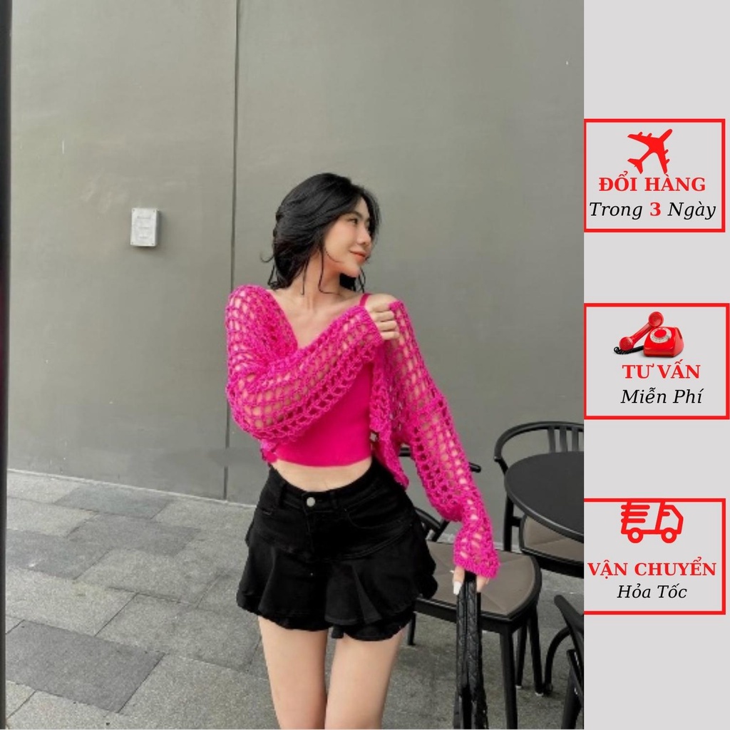 Set áo cardigan len lưới nữ kèm áo 2 dây croptop phong cách sexy đi du lịch mùa thu đông ulzzang Hàn Quốc