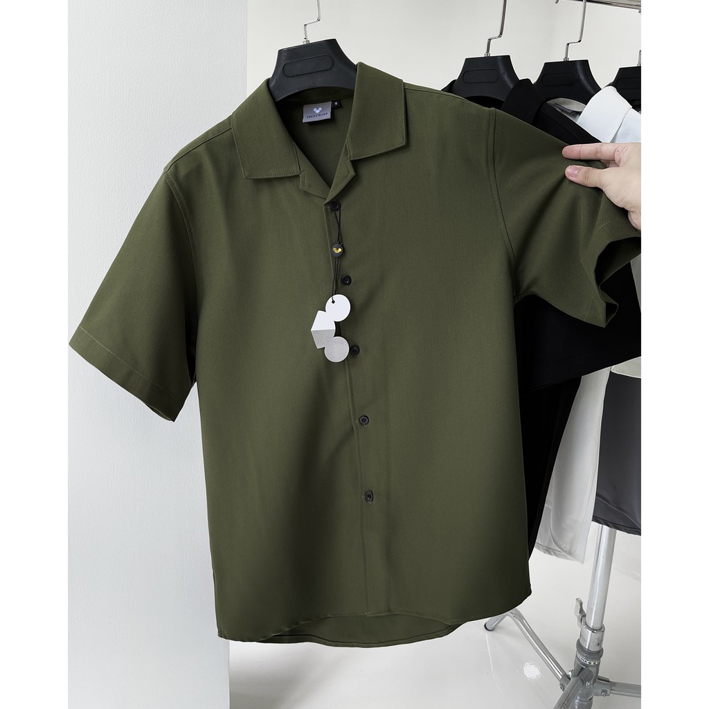ÁO SƠ MI nam xanh rêu cổ vest tay ngắn CHUOT TRANG KKL