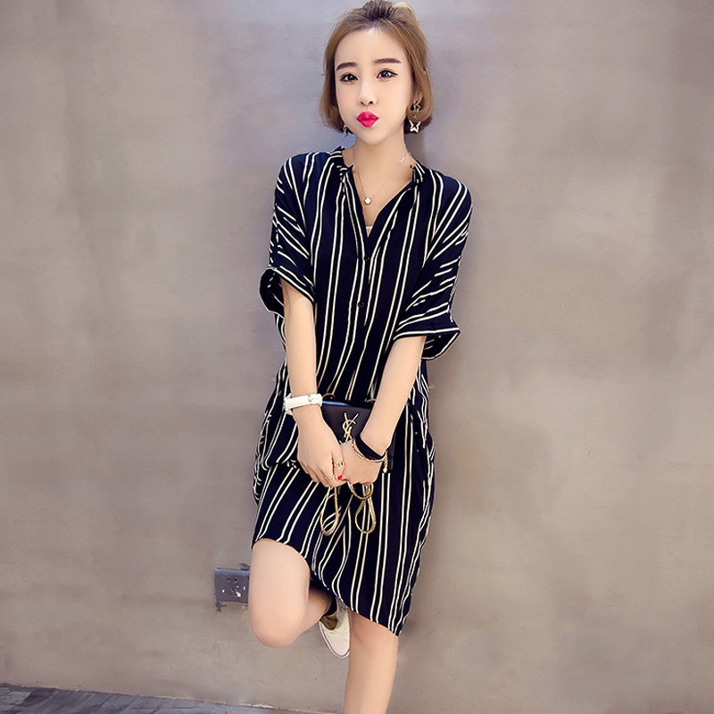 Đầm Sơ Mi Tay Ngắn Plus Size Hoạ Tiết Kẻ Sọc Phong Cách Hàn Quốc