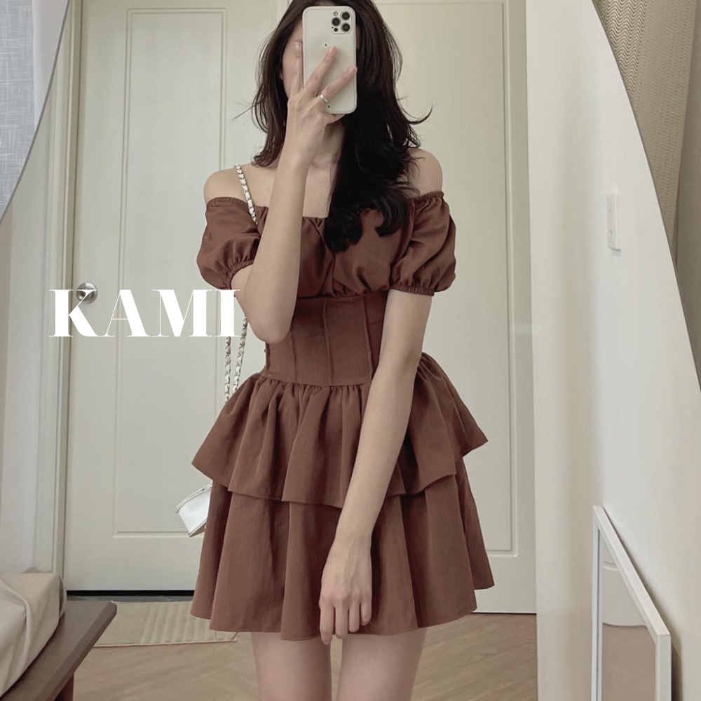Váy đũi trễ vai chiết eo dáng xòe 2 tầng