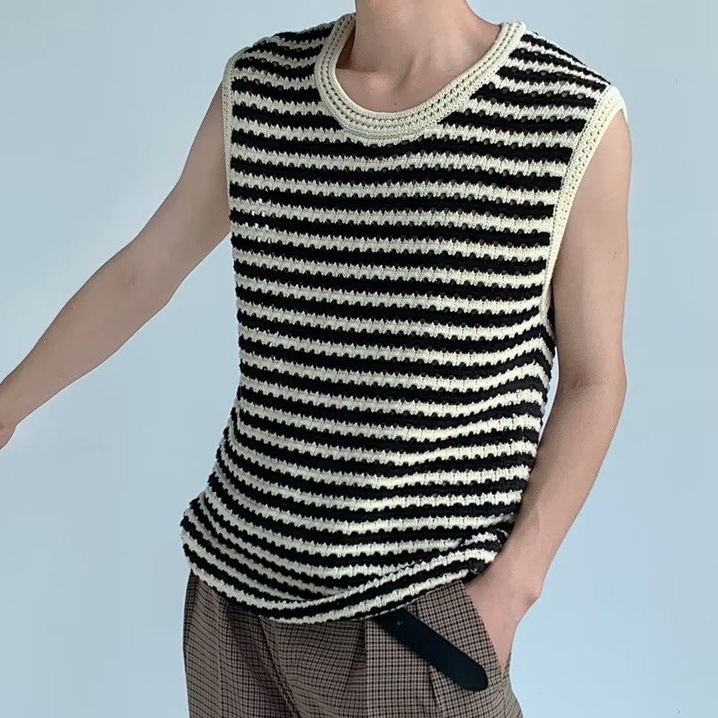Áo Len Không Tay Cổ Tròn Họa Tiết Kẻ Sọc Trắng Đen Thời Trang Mùa Hè Cho Nam