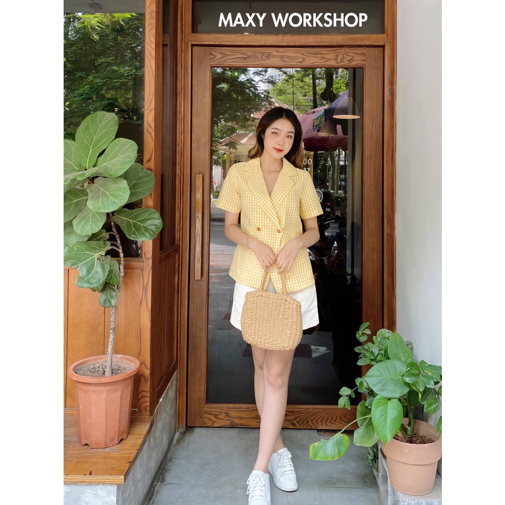 Áo blazer tay ngắn họa tiết sọc Caro Short Blazer Maxy Workshop | BigBuy360 - bigbuy360.vn