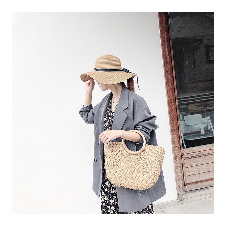 [NowShip - Giao Ngay] Túi Cói Boho Vintage Đeo Vai, Đeo Chéo Hình Tròn Dây Da Màu Nâu Be Trơn