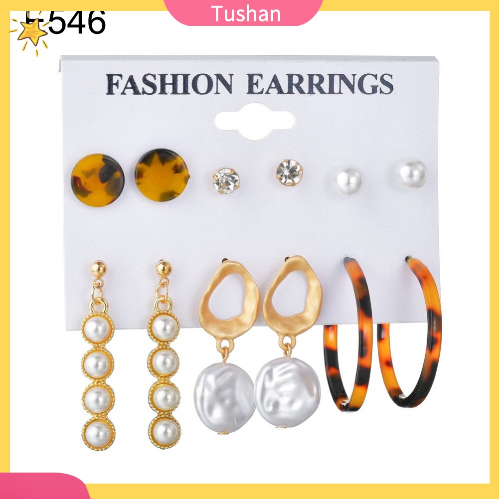 TUSH 6Pairs Women Faux Pearl Tassel Geometric Dangle Ear Studs Hoop Earrings Jewelry