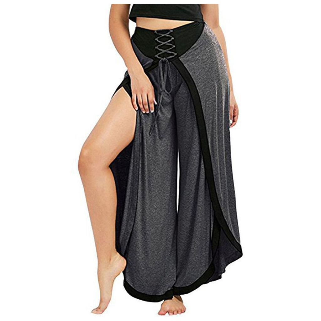 Women Sexy Wide Leg Pants Lace Up Loose High Waist Palazzo Flared Trousers