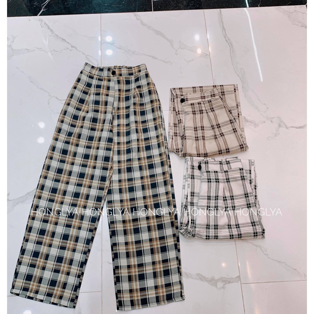 [Ảnh thật] Quần cullotes kẻ caro ống rộng phong cách ulzzang Hàn Quốc