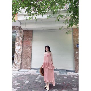 Sale set váy tầng dập ly nơ hồng