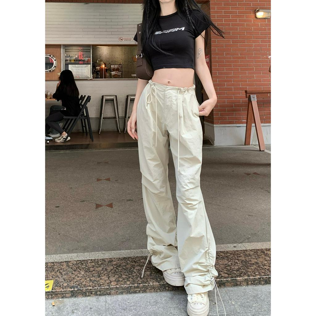 qkoole Quần ống rộng Lưng Cao Dây Rút Phong Cách Mỹ Thời Trang Mùa Hè Cho Nữ