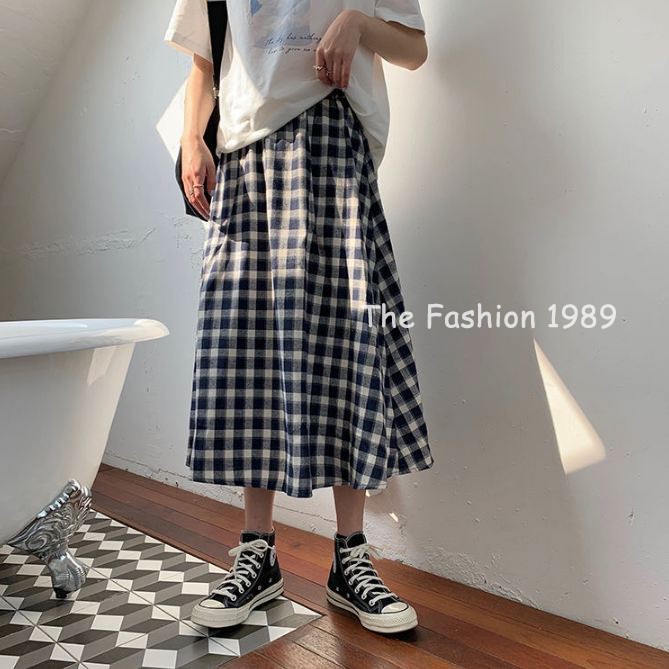 Chân váy dài vintage, chân váy vải thô kẻ ô vuông ulzzang phong cách vintage | BigBuy360 - bigbuy360.vn