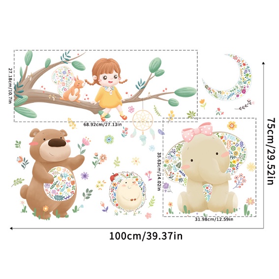 Decal trang trí tường - Những người bạn thú và bông hoa xung quanh