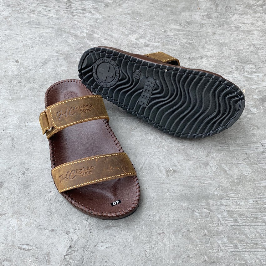 Dép Nam Da Bò Quai Ngang May Viền Cao Cấp V21