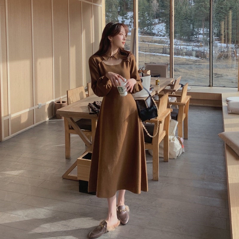 Váy Len Dài Tay Ngực Khoét Cổ Đức Chun Eo co Giãn Thoái Mái | BigBuy360 - bigbuy360.vn