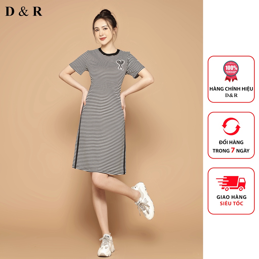 Đầm thun suông bigsize kẻ sọc đính đá logo Quảng Châu cao cấp váy đi chơi cafe thương hiệu thời trang D&R D171