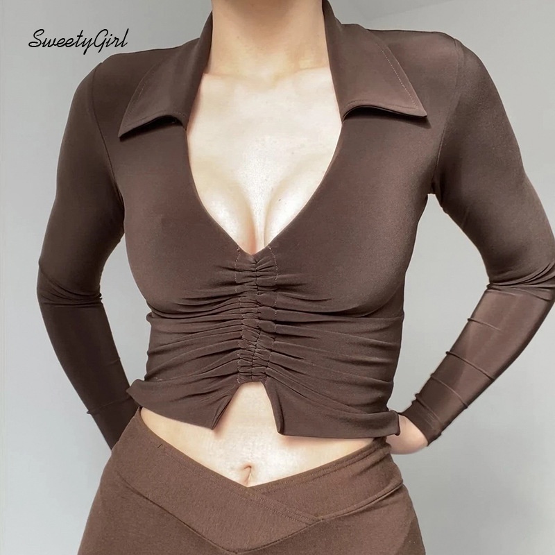 Áo croptop tay dài cổ chữ V xếp ly màu sắc ngọt ngào thời trang cho nữ