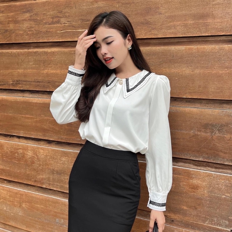 Áo sơ mi nữ Gloria Shop, áo kiêu nữ tay dài cổ,tay phối ren màu trẻ trung chất lụa trơn hàng đẹp SM149 trăng