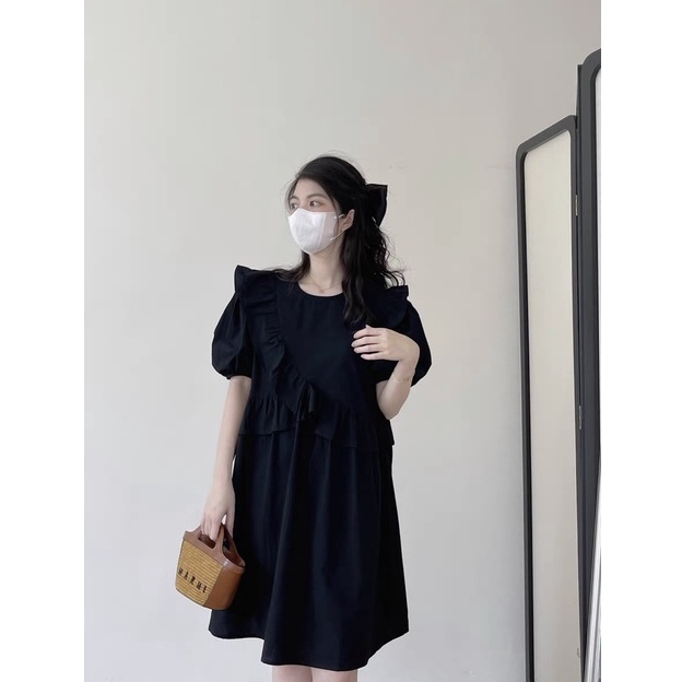 [Ảnh thật/Sẵn] Váy babydoll viền bèo vai chéo ngực dáng xòe tay bồng ulzzang