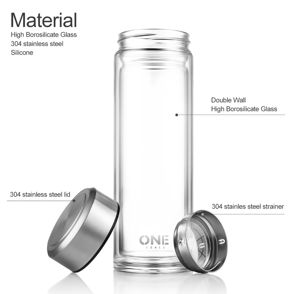 Chai nước ONEISALL uống trà có bộ lọc và nắp đậy kèm túi đựng bằng thủy tinh 600ml/800ml/1000ml