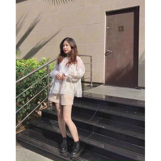 Sẵn Áo babydoll hoa viền bèo nơ tay