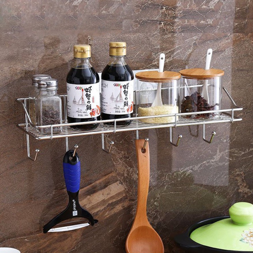 Kệ chữ nhật kèm 6 móc để đồ - treo khăn - Kệ để gia vị dán tường inox 304 ( HÀNG LOẠI 1 )
