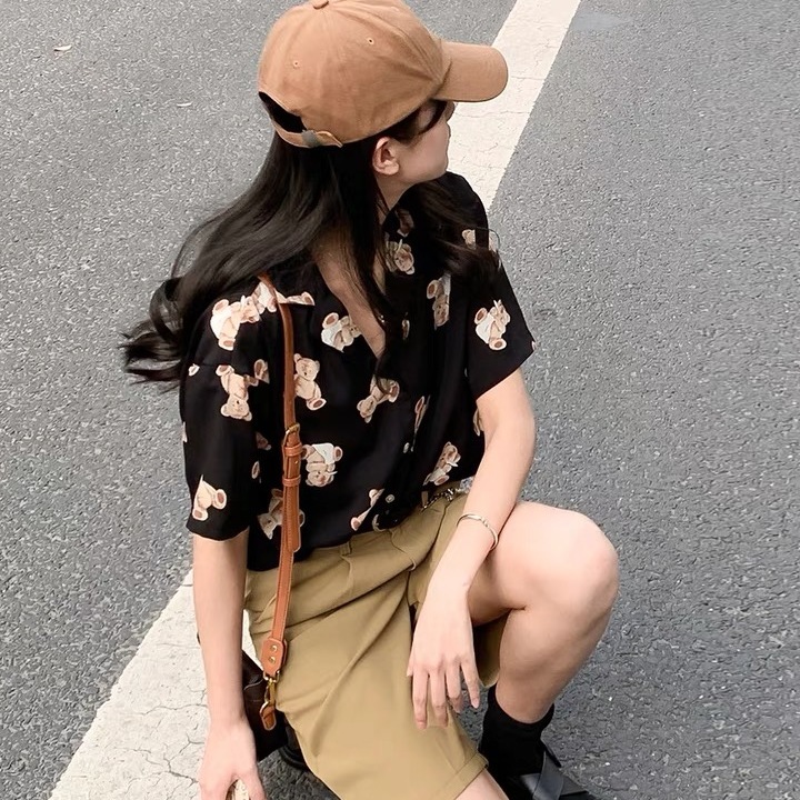 Áo sơ mi BH tay ngắn dáng rộng in họa tiết gấu đáng yêu mẫu 2021 phong cách Hàn Quốc thời trang cao cấp cho nữ