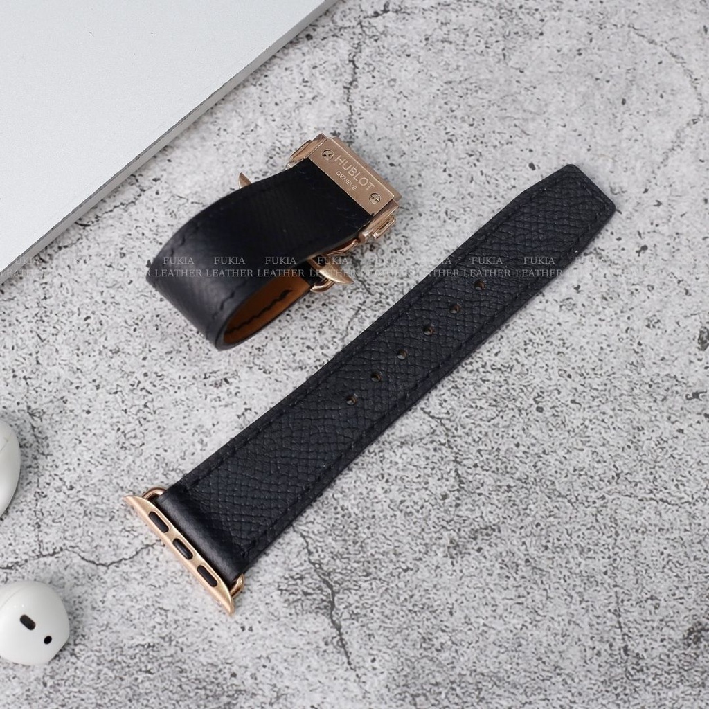 Dây da thủ công Epsom Đen dành cho Apple Watch, đồng hồ thông minh, đồng hồ cơ