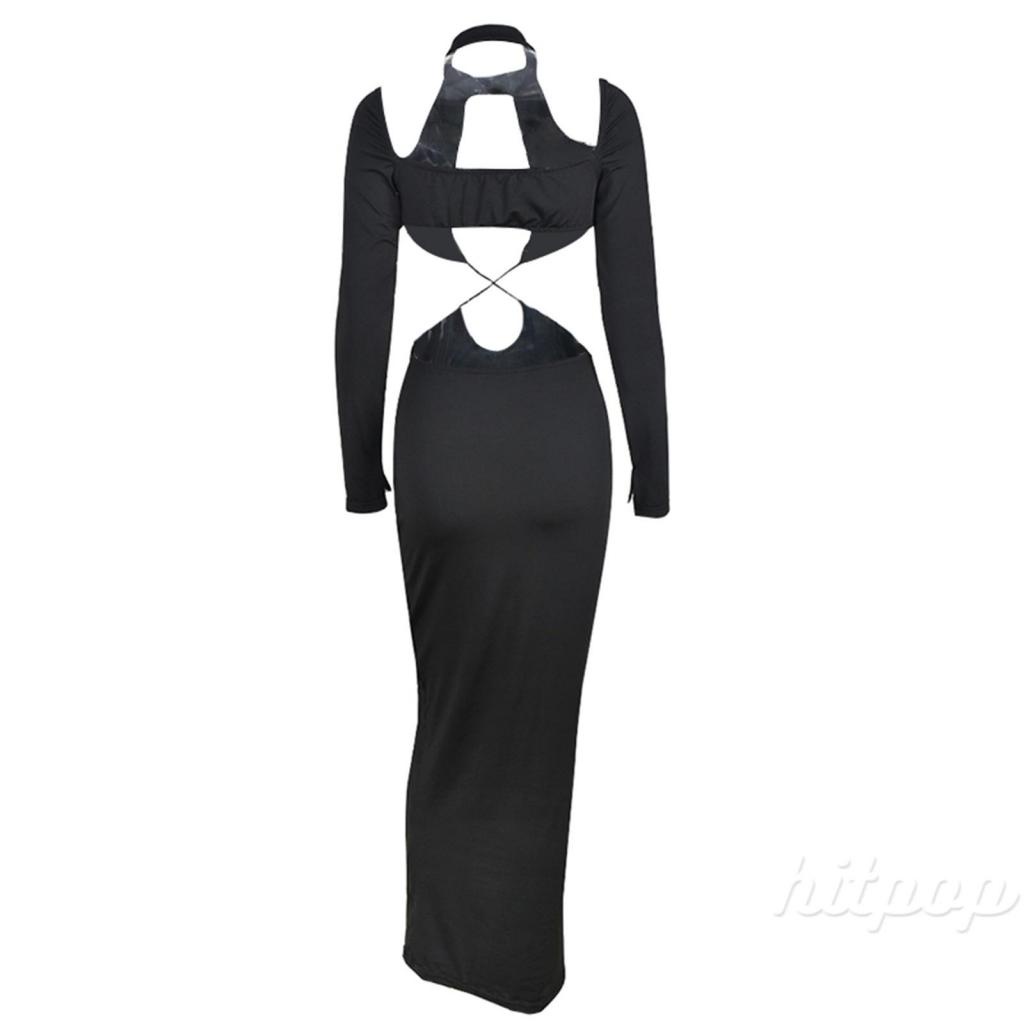 Hitpop-Women Cut Out Dress, Long Sleeve Halter Neck Solid Color Hollow Pleated Slim Fit One Piece Skirt