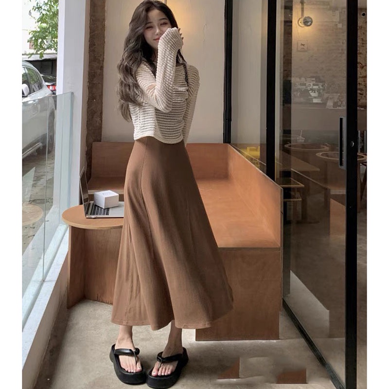 Sét Váy 2 Dây Thun Tăm Kèm Áo Len Lưới Dài Tay M2776-Teen 888