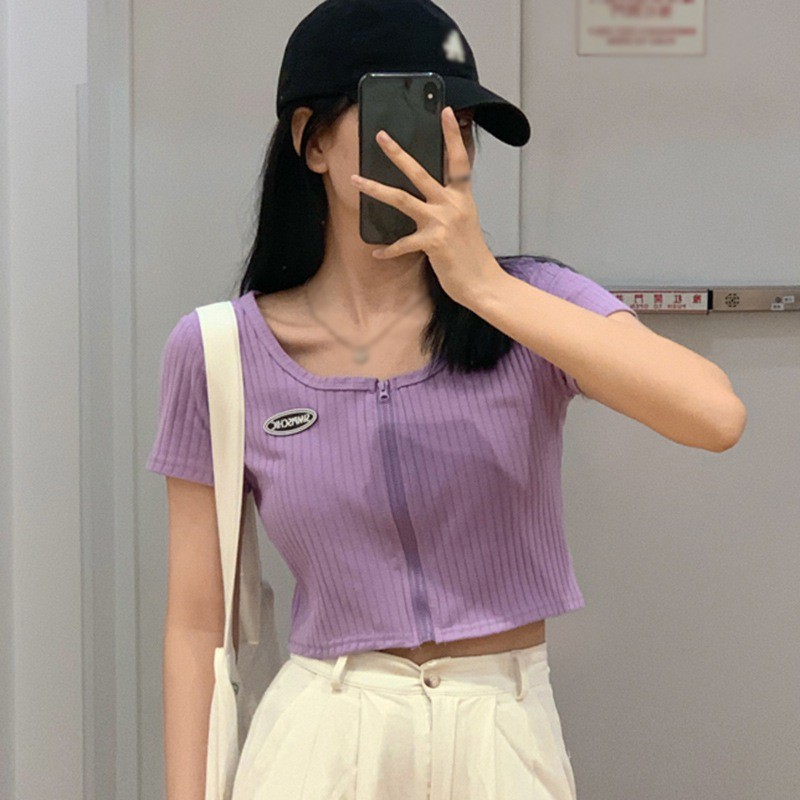 Áo Croptop Dệt Kim Tay Ngắn Thiết Kế Khoá Kéo Thanh Lịch