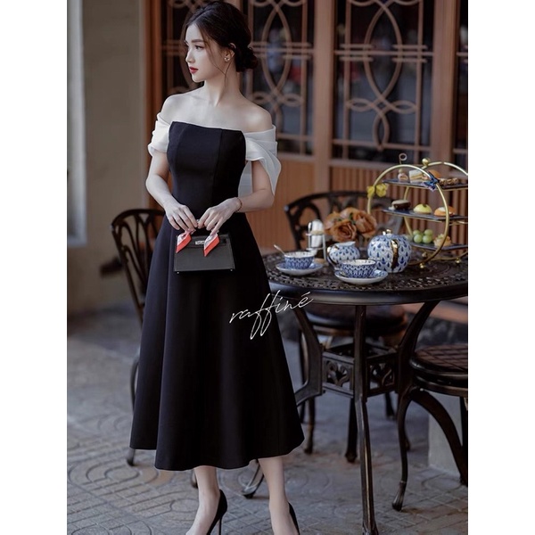 Váy mùa thu với quây và xương đòn tiệc tối sexy màu đen váy xoay lớn nữ thần váy đầm