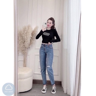 Baggy bò trơn rách gối co giãn