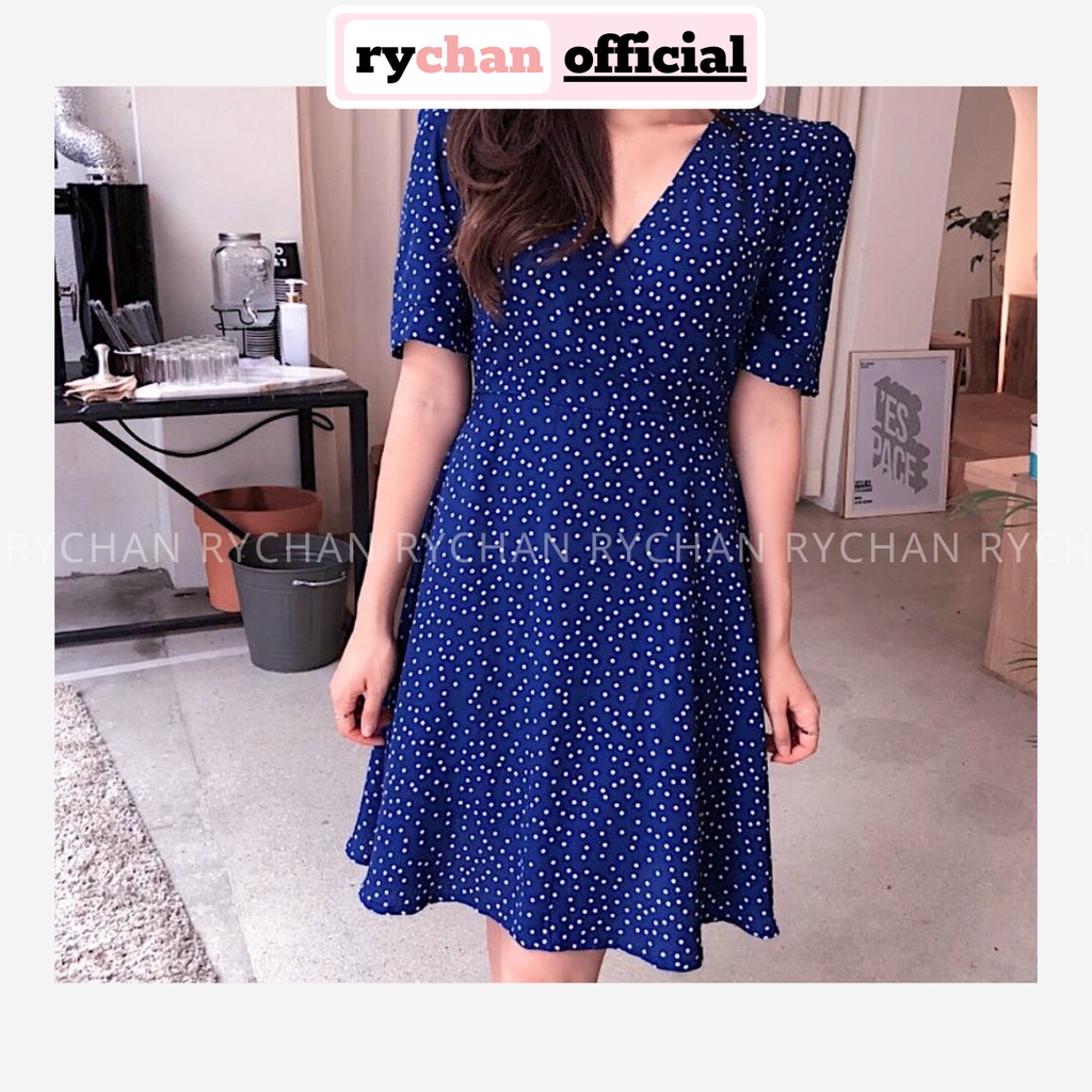 Đầm Xòe Bi Xanh Cổ V Buộc Eo - DX825